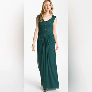 ! Adrianna Papell Embellished Pleated Bodice Mesh Gown Sz 4 Forest